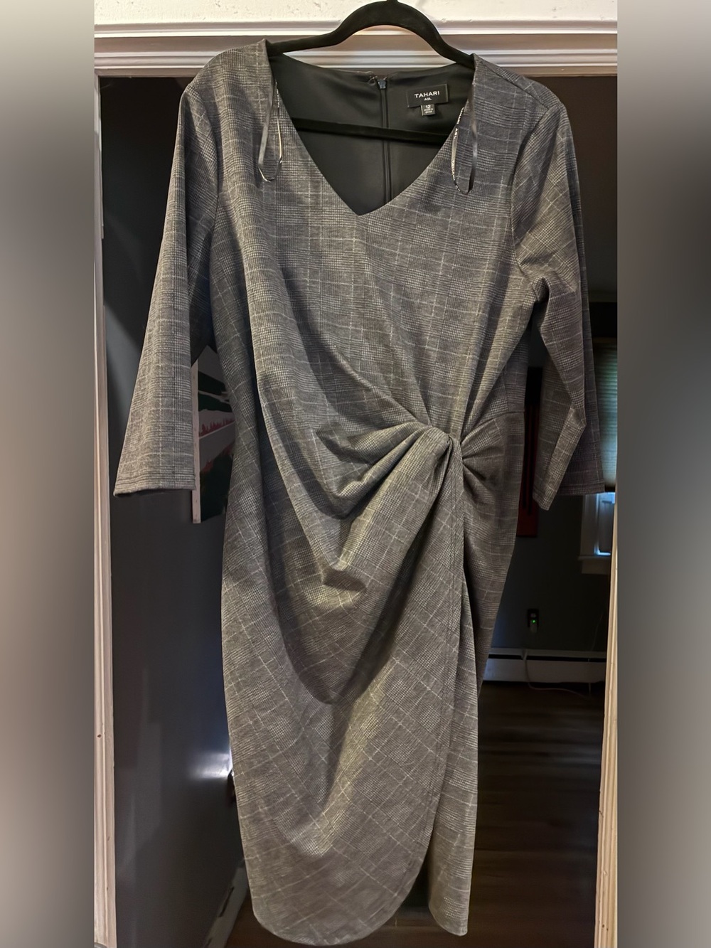 Tahari ASL Gray Plaid Twist-Front Midi Dress